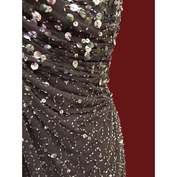 Y2K Vintage Patra Gray Beaded Sequin Cocktail Dress V-Neck Ruched Glam Sz 8 - Picture 4 of 7